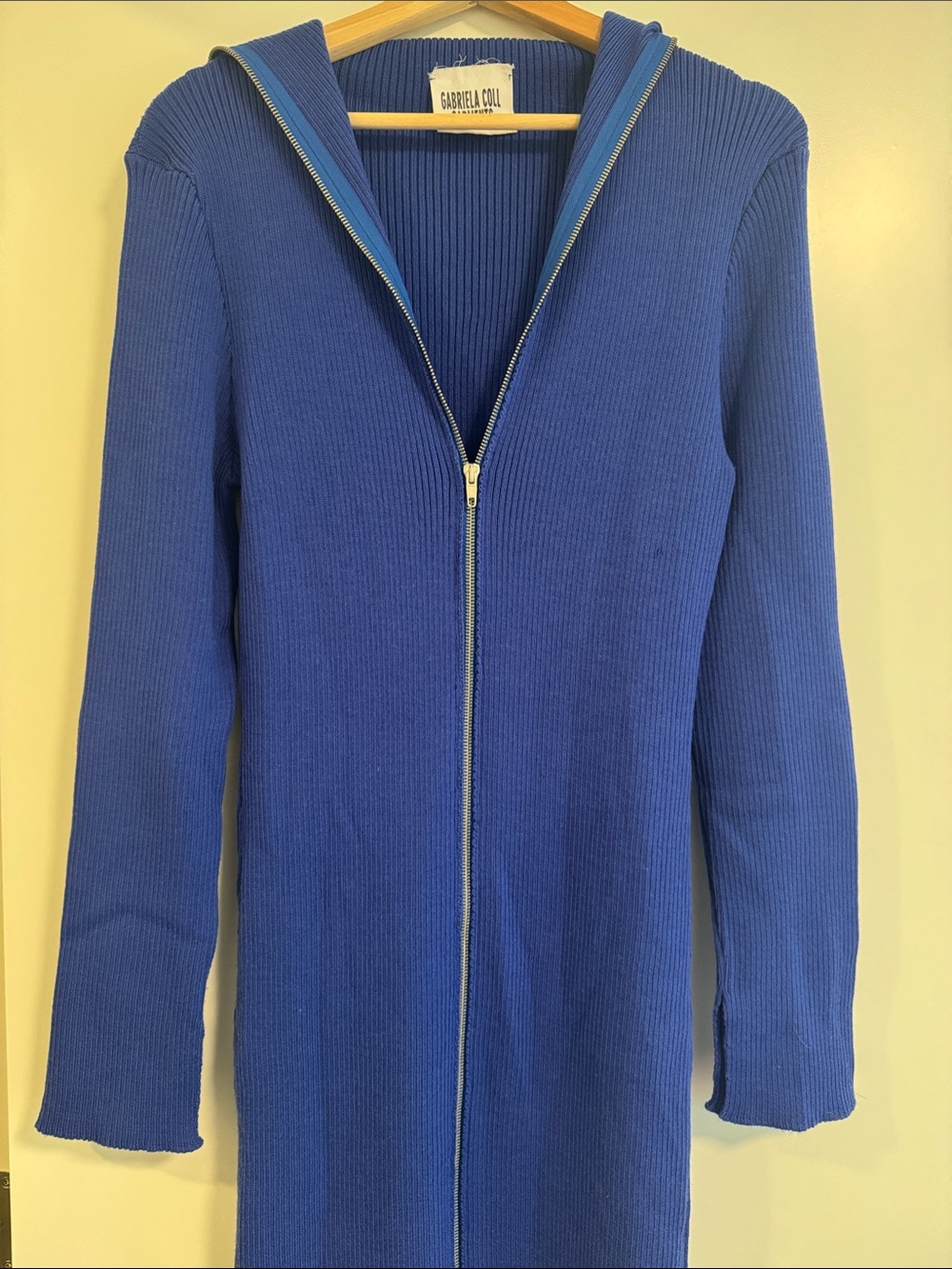 Gabriela Coll Garments Blue Ribbed knit Zip-Up Maxi Dress with Hood